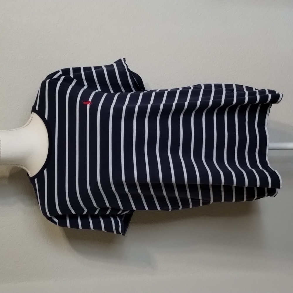 Polo by Ralph Lauren Navy and White Striped Short Sleeve Tee with Red Pony